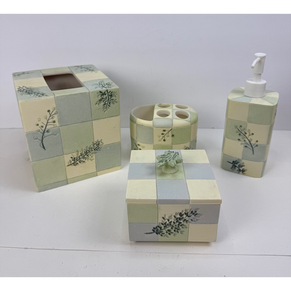 VTG Croscill Home Rainier 4pc Bathroom Set Sage Green Checkered Botanical